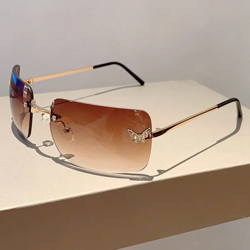 Y2K Luxusmarken Designer Randlose Quadratische Sonnenbrille Damen Für Weibliche Trendige Sonnenbrille Diamant Schmetterling Rosa Punk Shades UV400