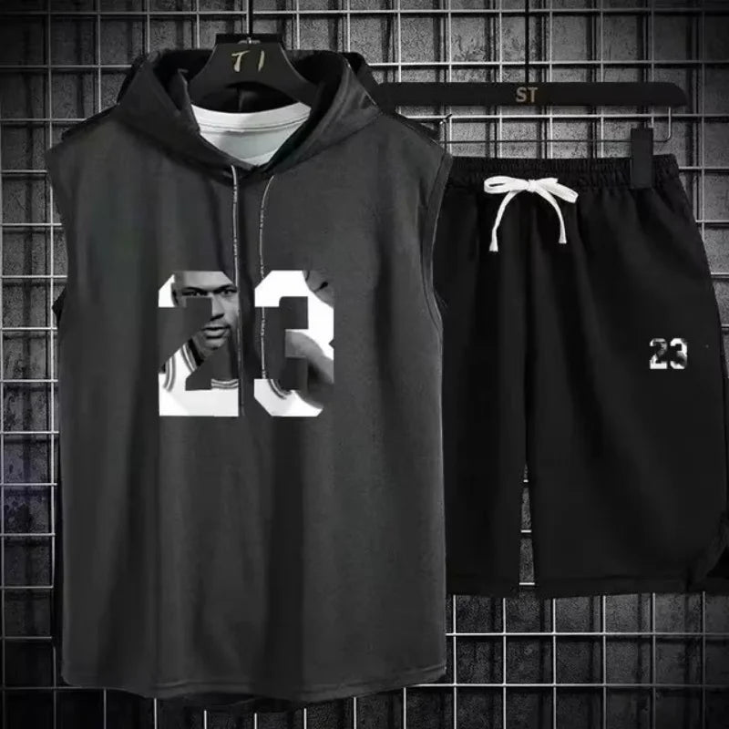 Summer New Men's Sleeveless Hooded T-shirt+shorts pants Sports two-piece set gym  Fashion  Casual Men Women Sports Two Piece Set