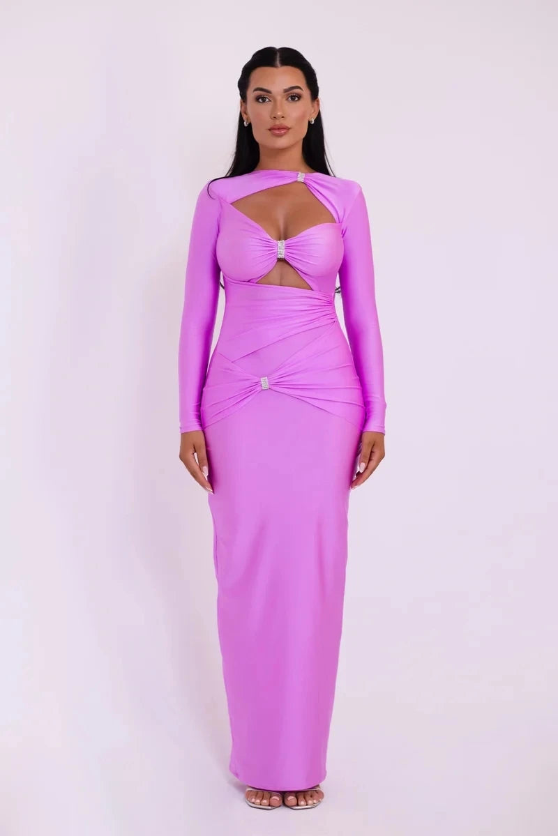 Articat Sexy Hohl Saum Langarm Elastisches Enges Kleid Damen Falten Doppellagig Weibliche Vestidos Elegantes Party Abendkleid