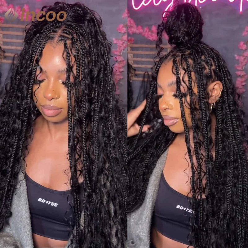 Boho Box Braided Wigs, gelocktes Kunsthaar, volle Lace-Front-Perücken für schwarze Frauen, Goddess Locs Braid Wig, Bohemian Box Braid Wig
