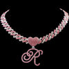 Hip Hop Bling Pink Crystal Cursive Initial Letter Cuban Necklace for Women Iced Out Paved Cuban Chain Necklace Choker Jewelry