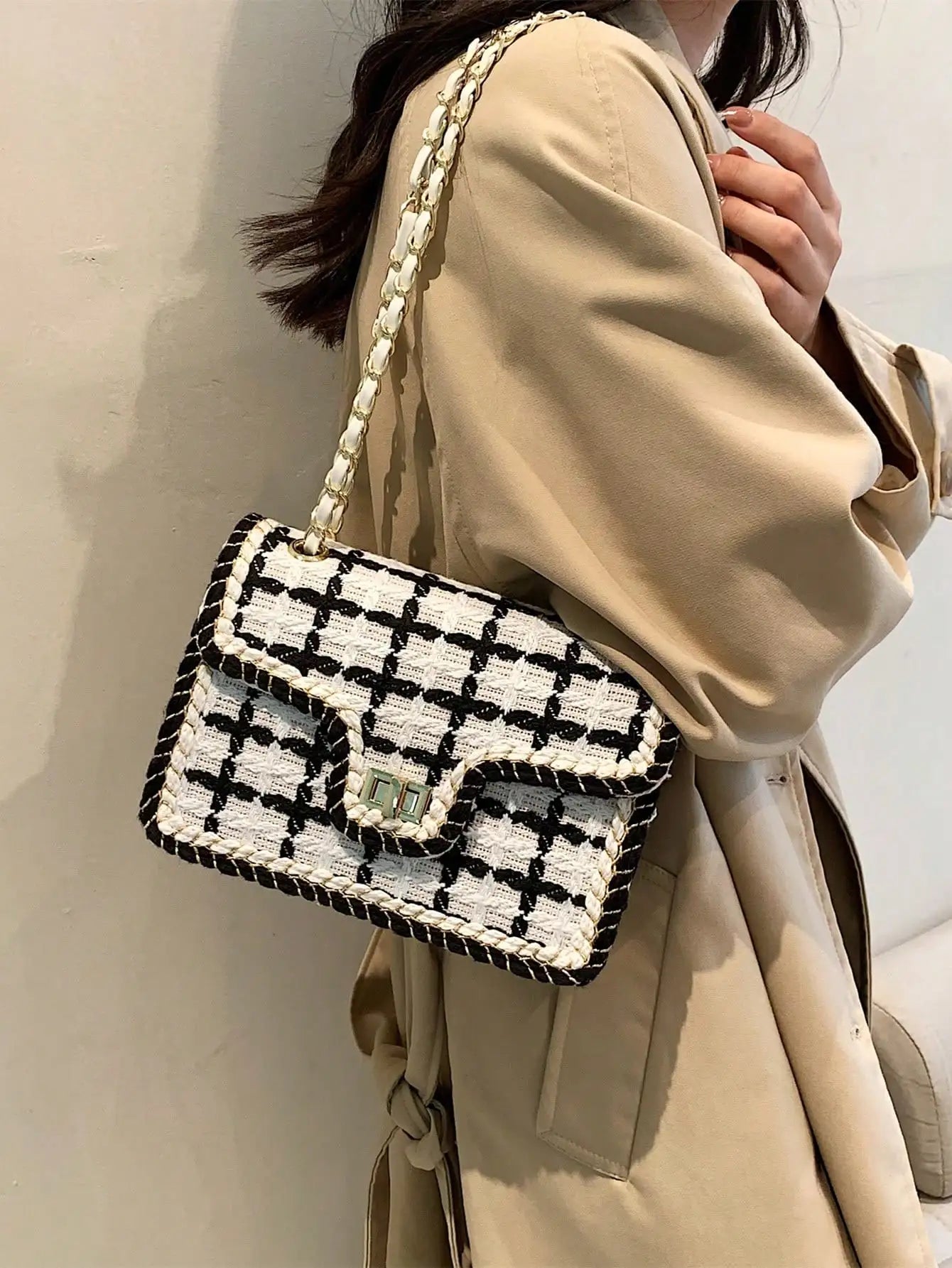 Schwarz-weiß karierte lässige Umhängetasche Umhängetasche Damen Schultertaschen Handtaschen mit oberem Griff Modische quadratische Tasche