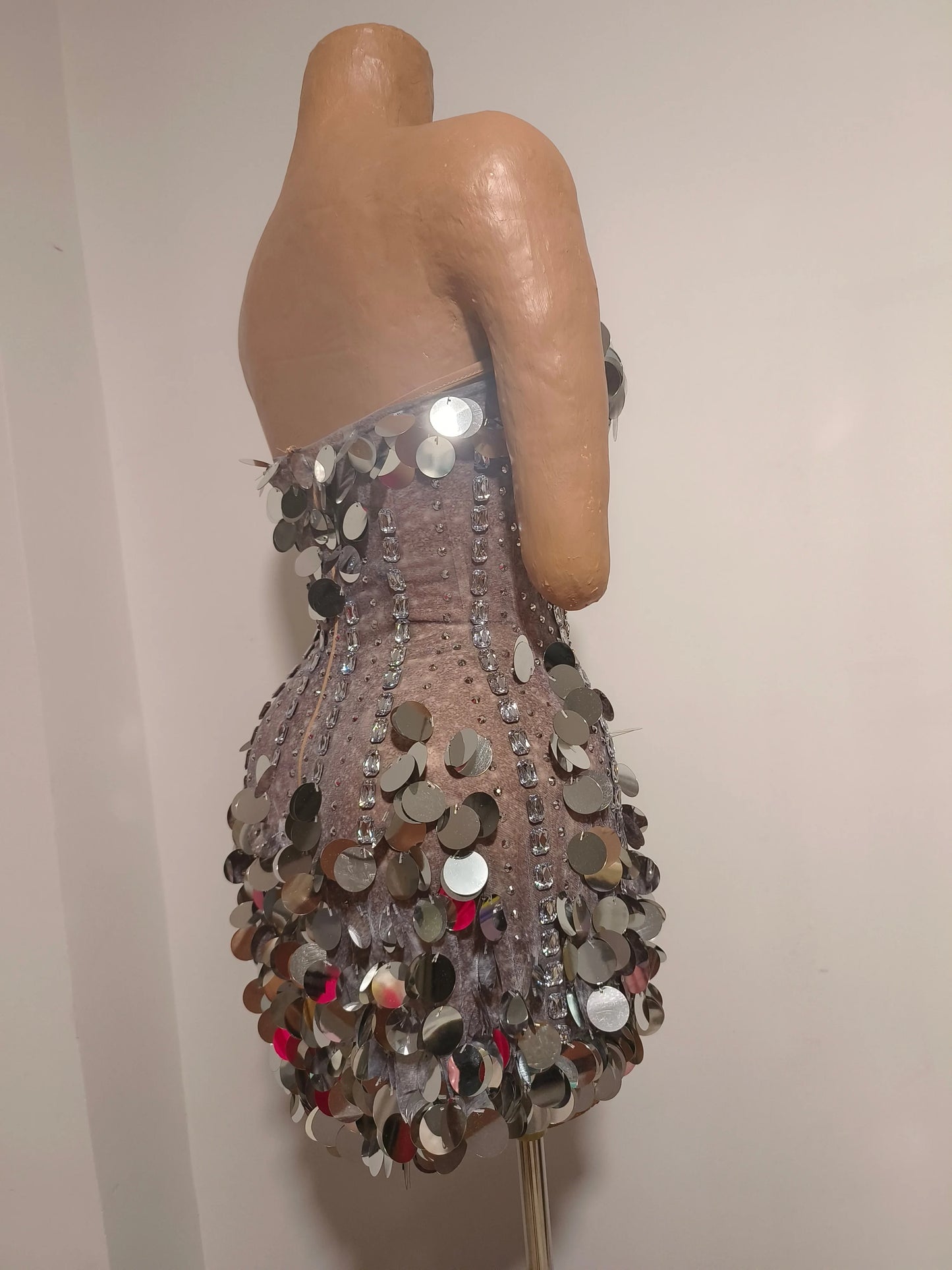Sparkly Gold Rhinestone Sequins Sexy Strapless Mesh See Through Mini Dress Women Eveing Birthday Party Nightclub Stage Costume