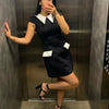 Elegantes A-Linien-Minikleid für Damen mit Peter-Pan-Kragen, kurzen Ärmeln, Taschen, Patchwork, Etui-Passform, hoher Taille, für Party und Club, kurze Kleider