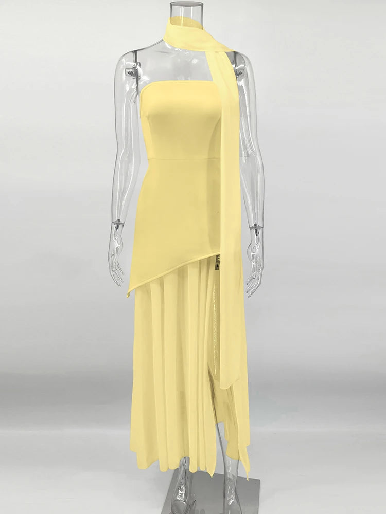 TARUXY Mode Trägerloses Kleid mit Band Frauen Elegantes Ärmelloses Mesh Strand Urlaub Langes Kleid Frühling 2025 Neues Damenkleid