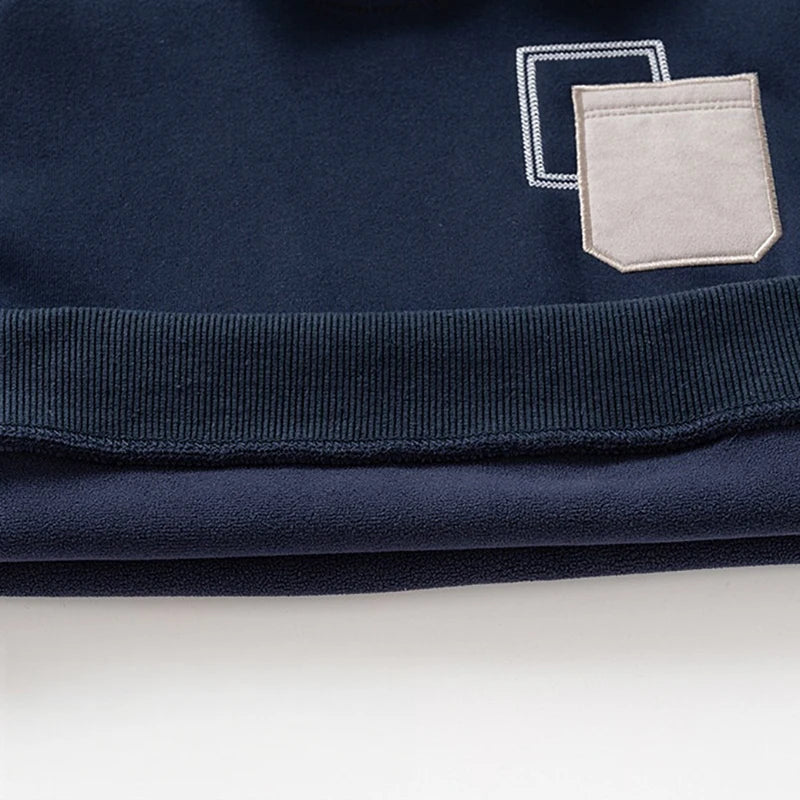 Spring Children Clothes Sweatshirt for Boys Denim Collar Fleece Pullover with Patch Pocket Casual Kids Top Long Sleeve T-shirt