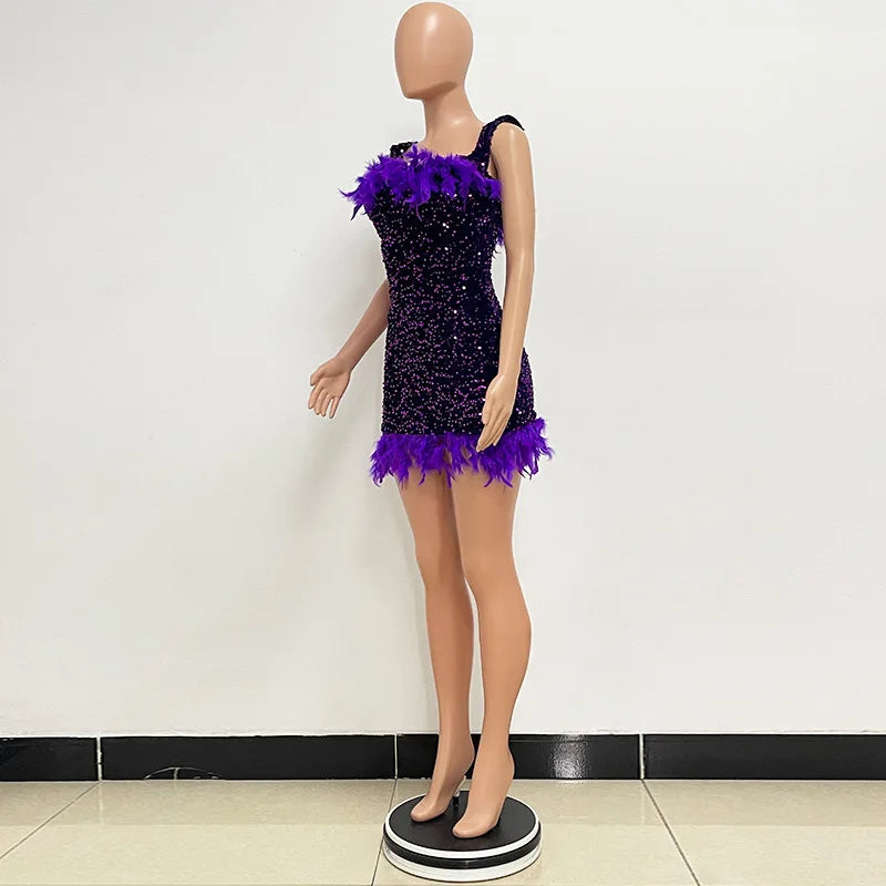 Damen Partykleid Ärmellos Glänzende Pailletten Feder Abendkleid Sexy schulterfrei rückenfrei Mini Formelle Ballkleider HXY8