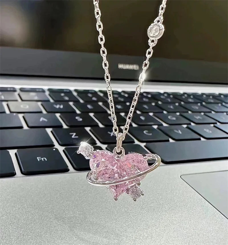 Y2K Rosa Planet Herz Zirkon Anhänger Halsketten Frauen Mode Ästhetische Schlüsselbeinkette Halskette Valentinstag Geschenk Party Schmuck