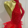 Women Luxury Rhinestones Pearls Feathers Halter Backless Short Dress Women Sexy Celebrate Birthday Dress Nightclub Stage Costume