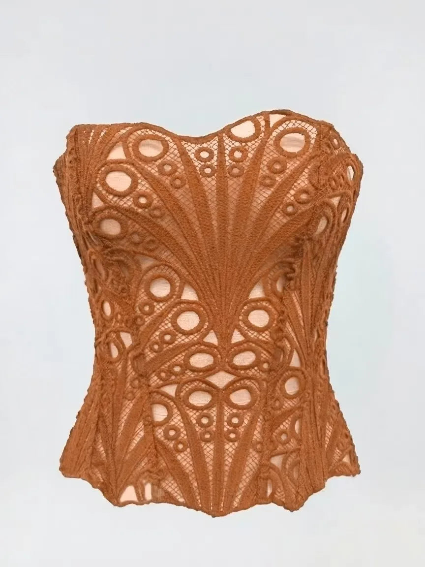 SsTss American Court Corset Sheer Mesh Breathable Corset Sexy Top Hollow Irregular Lace Double Layer Shapewear Chic Camis Top
