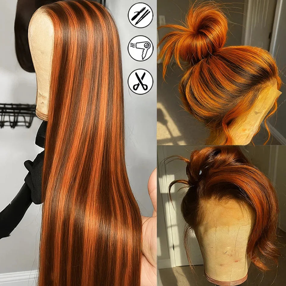 250% 4/350 Highlight Ombre Bone Straight 13x6 Lace Front 100% Human Hair Wigs Ginger Orange Brown Colored 13x4 Lace Frontal Wig