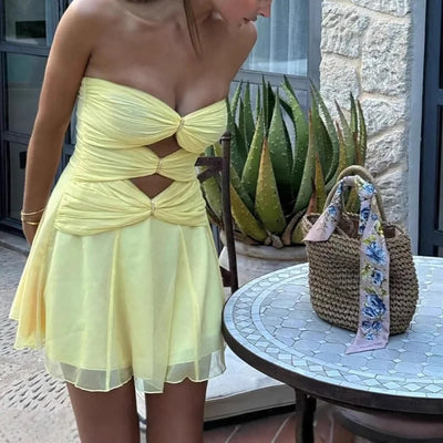 Damenkleid, einfarbig, plissiert, Partykleid, Damen, High Street, Cocktail, Minikleid, sexy, 2025, trägerlos, Nachtclub, hohl, rückenfreies Minikleid