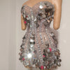 Sparkly Gold Rhinestone Sequins Sexy Strapless Mesh See Through Mini Dress Women Eveing Birthday Party Nightclub Stage Costume