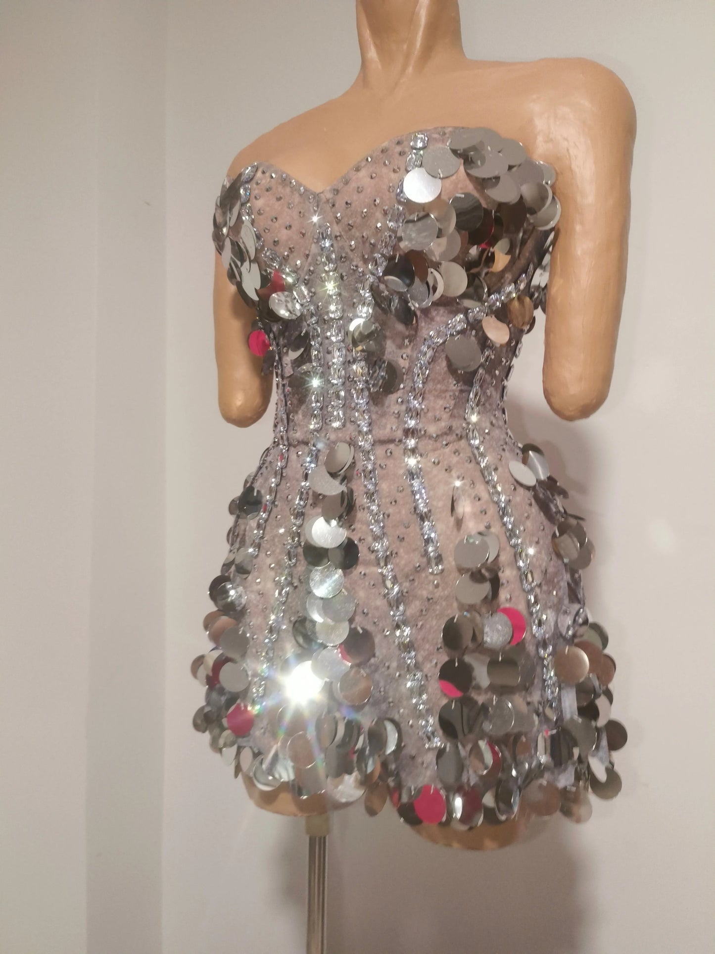Sparkly Gold Rhinestone Sequins Sexy Strapless Mesh See Through Mini Dress Women Eveing Birthday Party Nightclub Stage Costume
