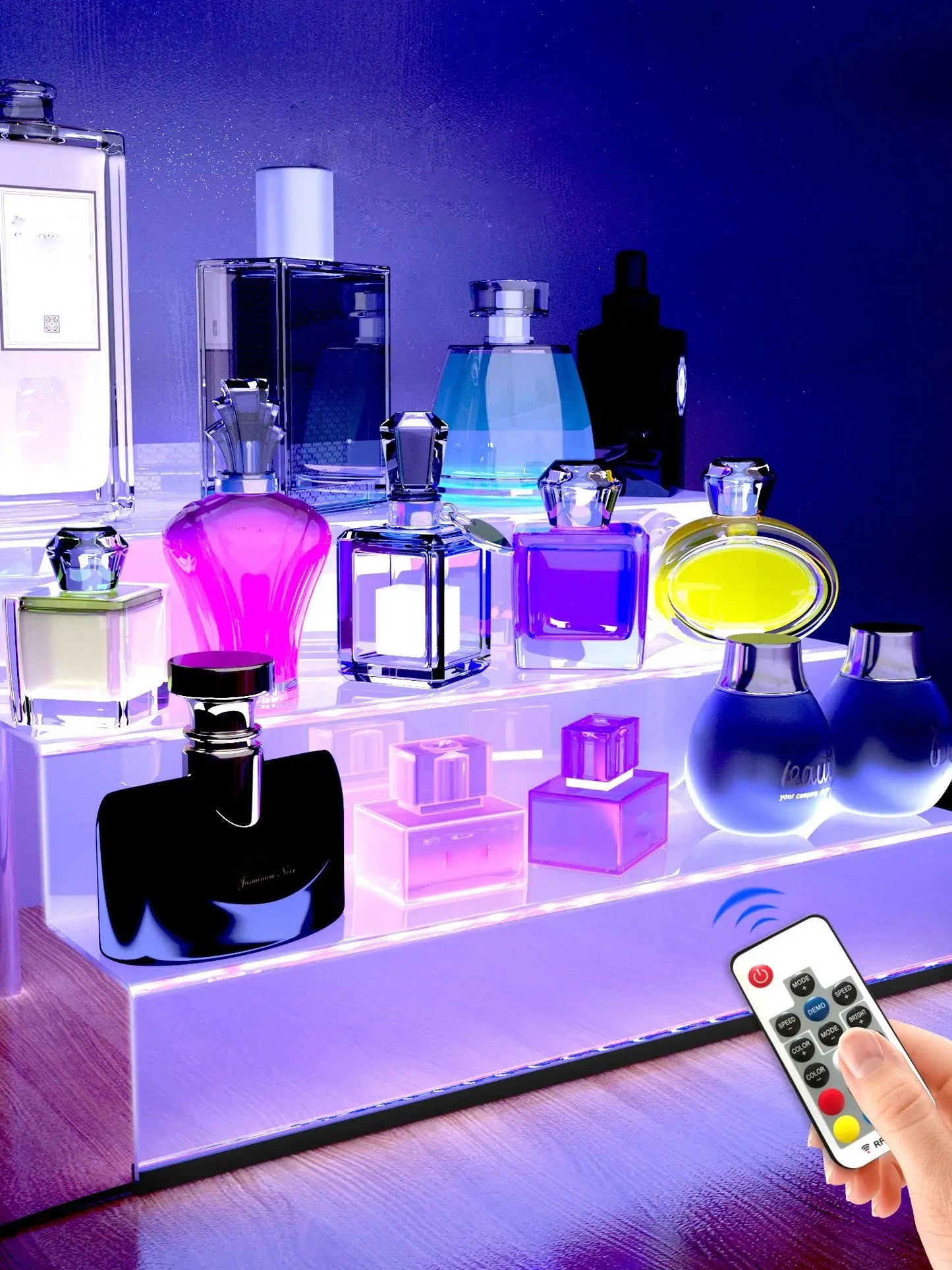 Acrylic Display Rack with LED Lights - 3 Tier Nail Polish Perfume Rack and Display Ladder Rack,,Figures Stand,Clear Cupcake Rise