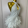 Women Luxury Rhinestones Pearls Feathers Halter Backless Short Dress Women Sexy Celebrate Birthday Dress Nightclub Stage Costume