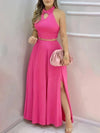 Women's Pink Two Piece Set Halter Collar Crop Top Split Maxi Skirt Ideal for Evening Parties Summer Weddings Chic Outings