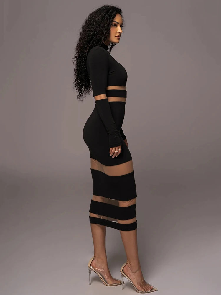 Articat Mesh Patchwork Perspective Long Sleeve Dress For Women's Tight Fit Midi Female Dress Fashion Street Party Club Vestidos