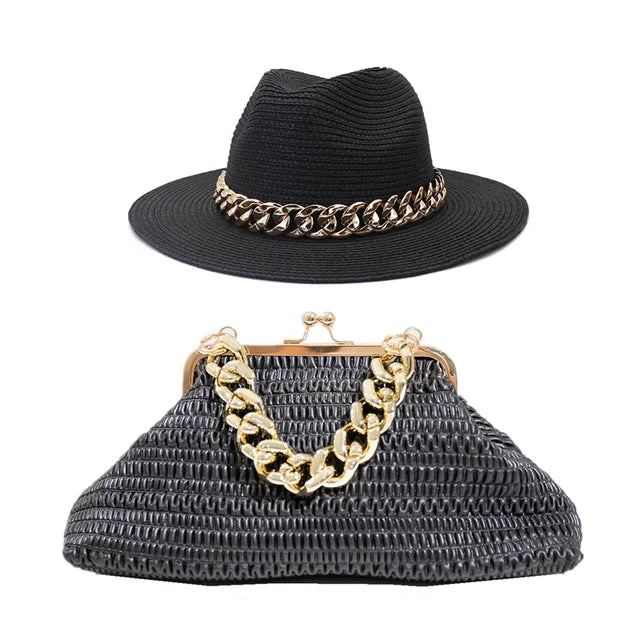 Set Straw Hat and Bag Set Gold Chain Bag Hat Set Ladies Leather Bag Tote Church Fedora Party Jazz Straw Hat