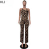 HLJ Sexy Leopard Print Bodycon Jumpsuits Women Thin Strap Sleeveless V Neck Wide Leg Pants Playsuit Female Overall With Scarf