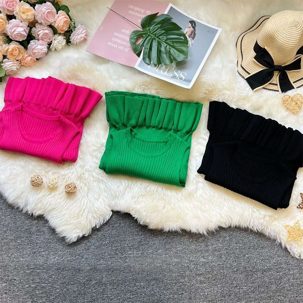 YuooMuoo Chic Fashion Sexy Package Hips Ruffled Mini Dress Women Summer Slim Elastic Knitted Party Dress Streetwear Lady Outfits