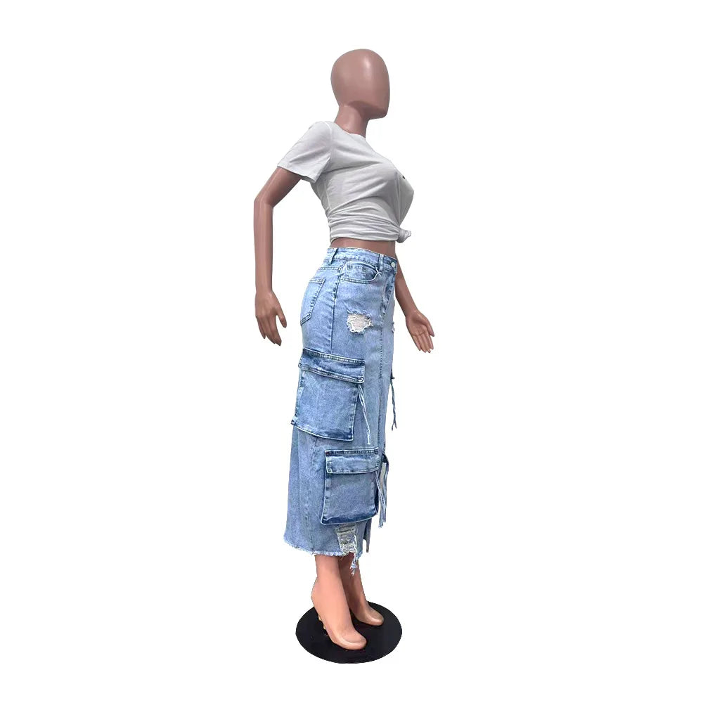Mid Length Skirts Women Denim Skirt Hole Pockets A Line Slit Slim Y2k Streetwear Elegant Splice Y2k High Waist Summer 2025