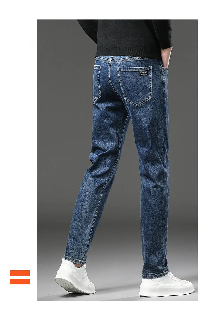 Winter Fleece Dicke Warme Jeans Herren Slim Straight Elastische Denim-Hose Lässige Herrenbekleidung Mode Plüschhose