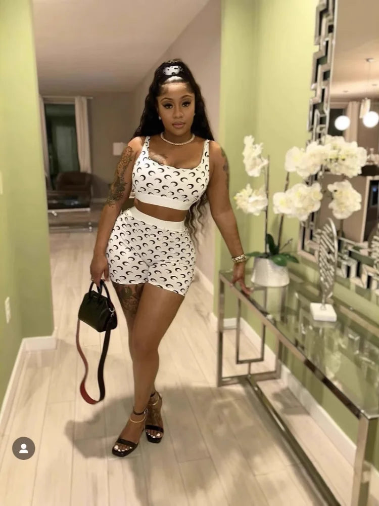 Three Sisters 2025 Summer Fashion Sexy Casual Holiday Beach Party Prom Woman Clothes Slimming Vest Print Ladies Two Piece Sets