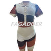 FAGADOER Fashion Knitting Color Stitching Bodycon Rompers Women V Neck Button Short Sleeve One Pieces Jumpsuits Female Overalls