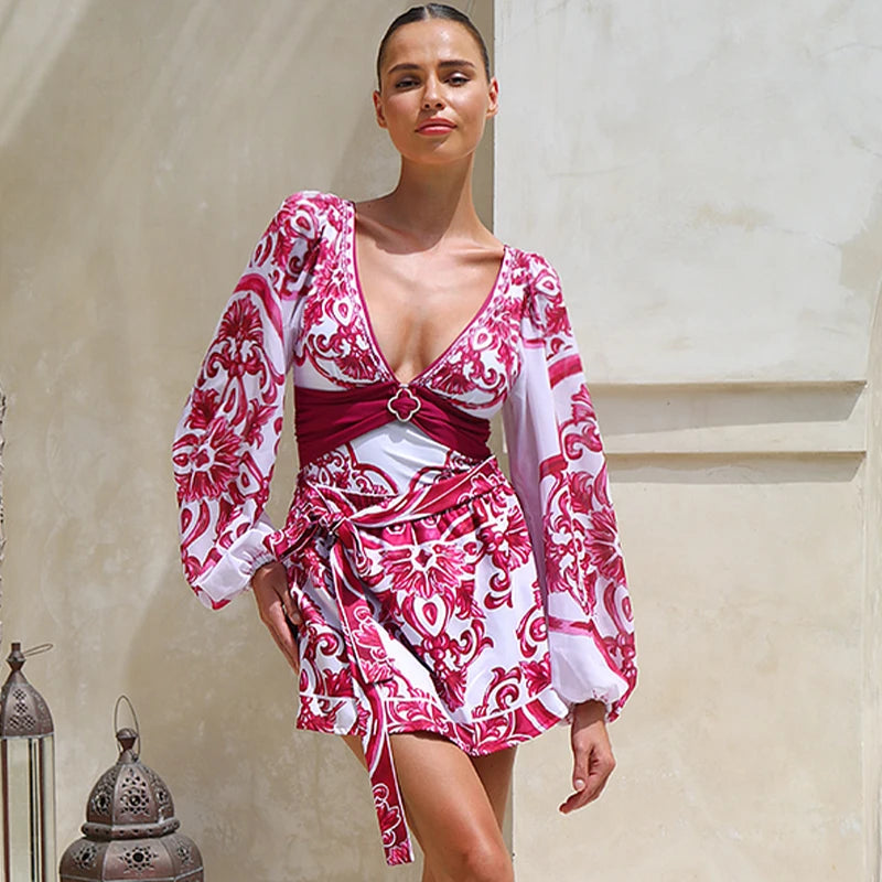 Flaxmaker Long Sleeves Majolica Series Pattern Print One Piece Swimsuit Biquini Beachwear Women Sexy Bikini Sets Swimsuit