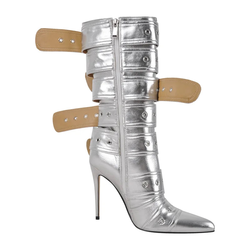 Onlymaker Women Pointed Toe Mid-Calf Boots Buckle Strap Thin High Heel Lady Zipper Female  Stiletto Boots