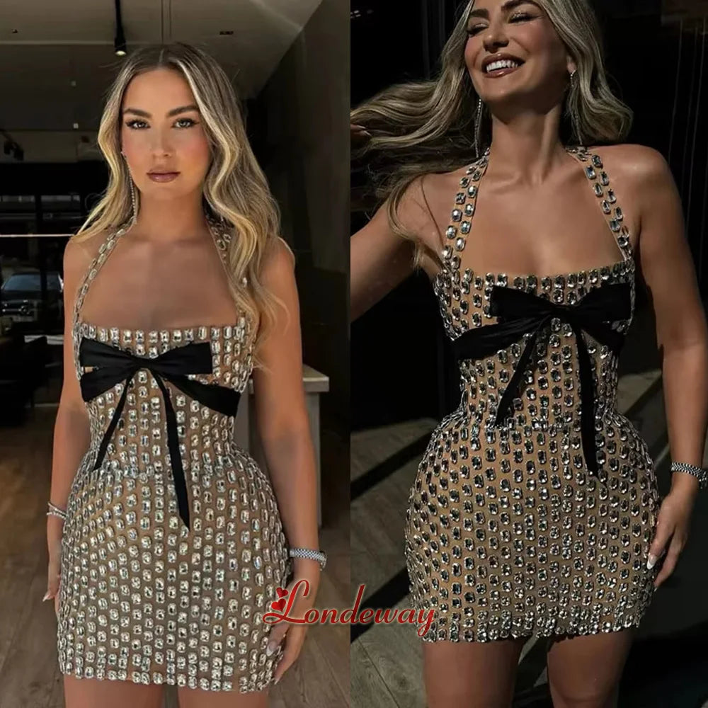 Londeway Luxury Halter Homecoming Dress Bowknot Rhinestones Mini Dubai Ceremony Party Vestidos De Fiesta Cocktail Customized