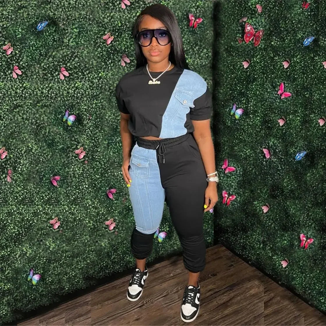 CM.YAYA Workout Denim Patchwork Women Two 2 Piece Set Outfit Sweatsuit 2022 T-shirt and Jogger Pants Matching Set Tracksuit