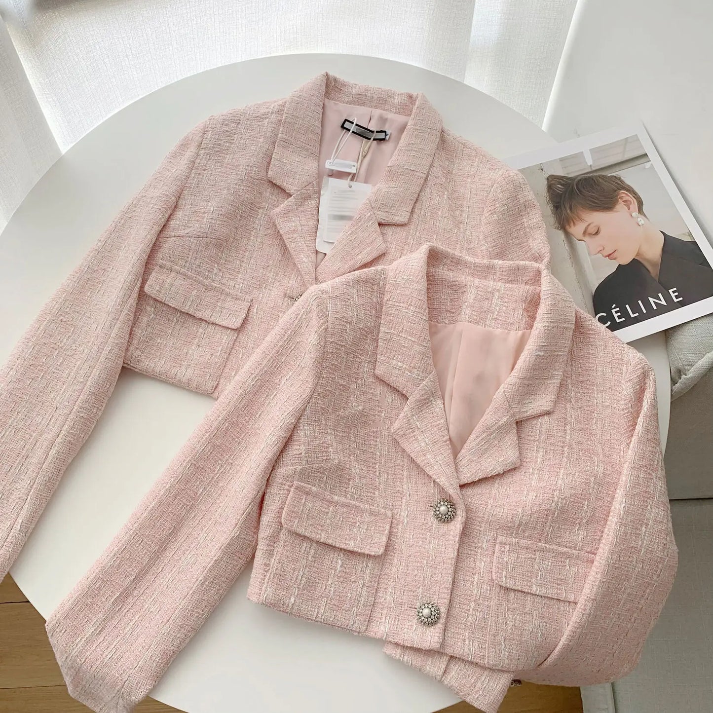 Elegant Fashion Pink Tweed Suit Women's Autumn 2023 Y2k High Quality Blazer Coat+Bag Hip Skirt Commuting Two-Piece Set