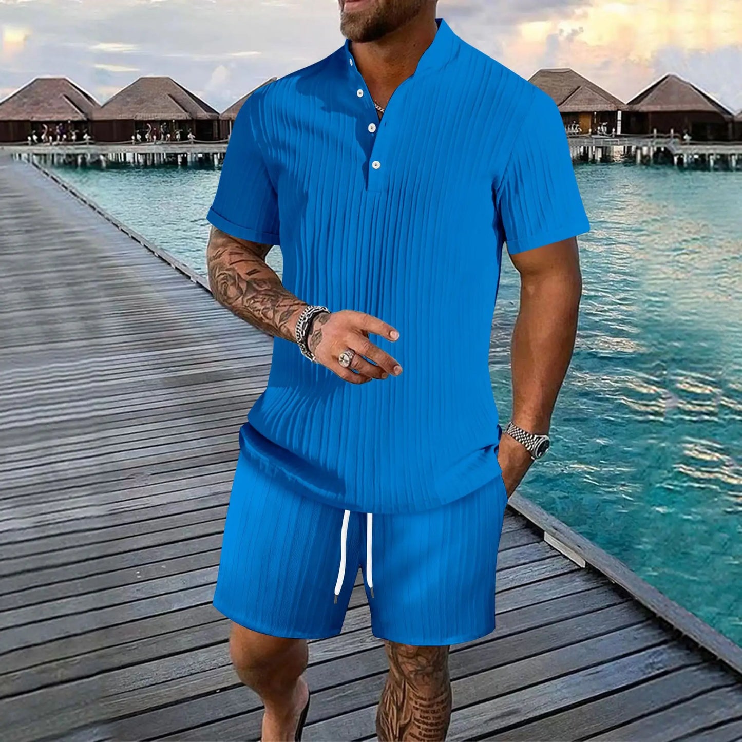 New style summer men's striped casual shirt comfortable loose stand collar short sleeve shorts beach suit fashion trend pullover