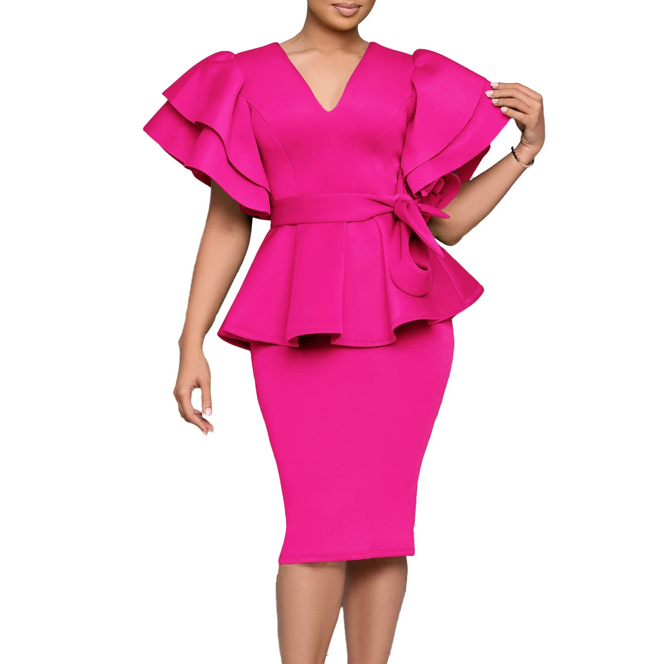 CM.YAYA Damen Kurzarm V-Ausschnitt Gürtel Hohe Taille Midikleid 2025 Sommer Afrika OL Business Abend Sexy Partykleider Vestidos
