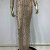 Festival-Outfit Damen High-End-Mode Nude-farbenes Strass-Mesh-Langarm-Crop-Top mit Rundhalsausschnitt und lange Röcke Gala zweiteiliges Set