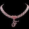 Hip Hop Bling Pink Crystal Cursive Initial Letter Cuban Necklace for Women Iced Out Paved Cuban Chain Necklace Choker Jewelry