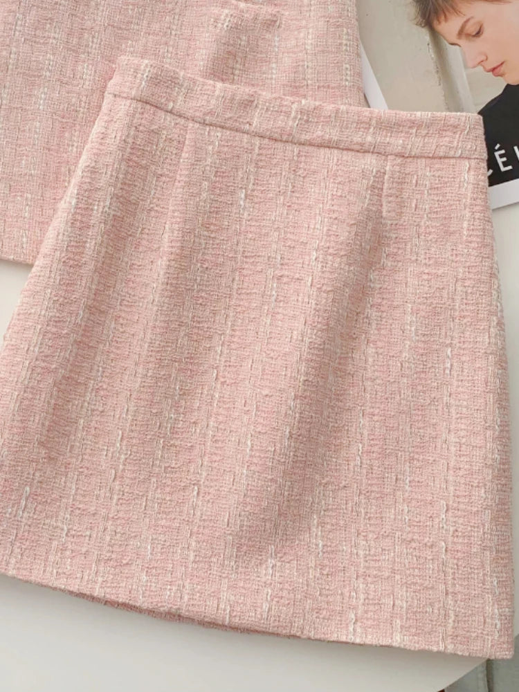 Elegant Fashion Pink Tweed Suit Women's Autumn 2023 Y2k High Quality Blazer Coat+Bag Hip Skirt Commuting Two-Piece Set
