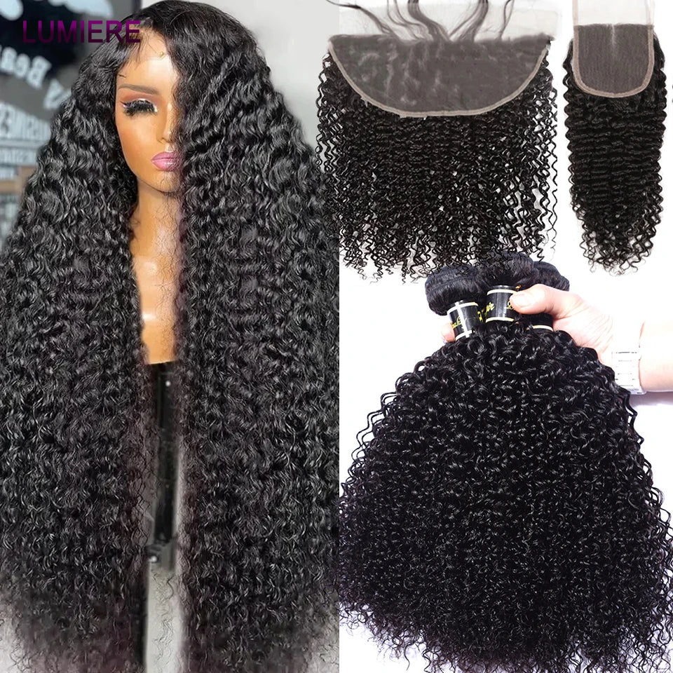 Mongolian Afro Kinky Curly Human Hair Bundles With Closure Deep Curly Hair Weave Bundles With Frontal Closure Hair Extensions