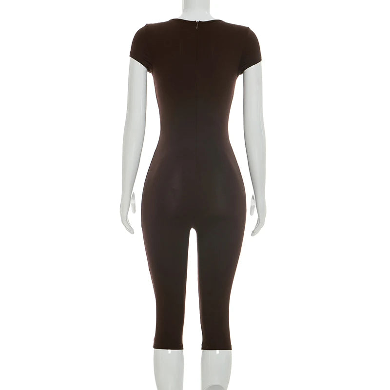 Solid Color Sexy Slim Fit and Slimming Chest U-Neck Jumpsuit, Versatile and Fashionable Jumpsuit Cropped Pants