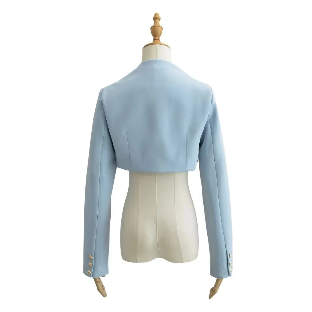2023 Herbst V-Ausschnitt Offene Nähte Cropped Blazer Damen Langarm Kurze Anzüge Mode Oberbekleidung