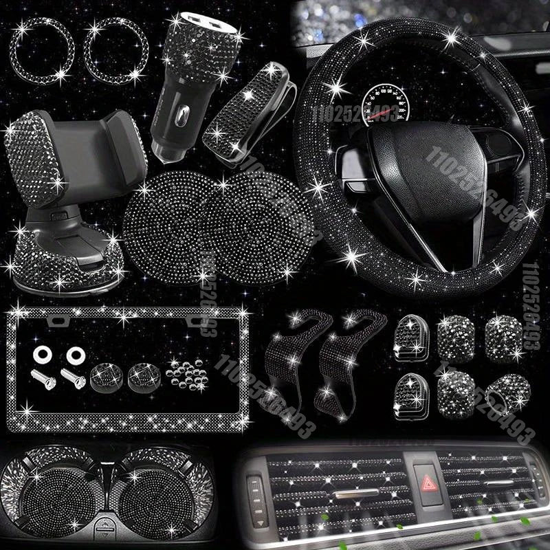 27PCS/Set Women Bling Universal Fit Polyester Steering Cover Shiny License Frame Phone Holder Coasters Tools Car Accessorie