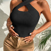 Summer New Women Heart Criss Cross Ribbed Knit Sleeveless Halter Crossfit Y2K Crop Top Clothes Femme Sexy Casual Backless Tank