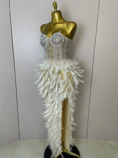 Lager 2025 Damen Sexy Glitzer Strass Mesh Feder Langes Kleid Elegante Abendparty Feiern Geburtstag Performance Kostüm