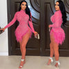 Sexy Perlen Strass Partykleider Damen Eleganz Nachtclub Feder Geburtstagskleid Langarm Mesh Sheer Bodycon Minikleid