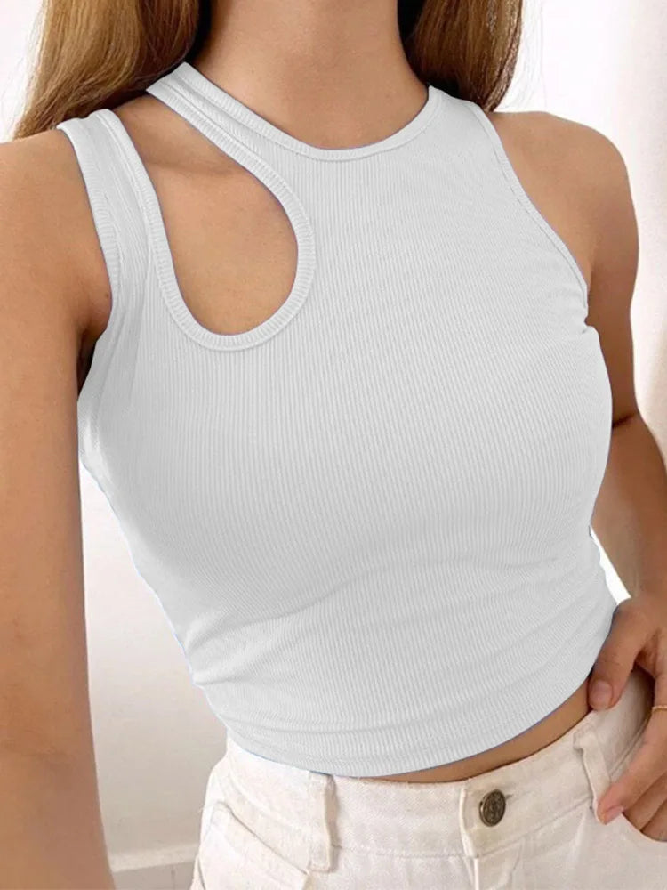 Sexy Rib-knit Tank Top for Women Summer Solid O-neck Sleeveless Crop Tops Street Vintage Korean Fashion Shirt Vest Y2K Clothes