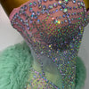 Women Sexy Strapless Backless Green Diamonds Mesh Dress Birthday Party Costume Bar Nightclub Singer Stage Performance Outfit
