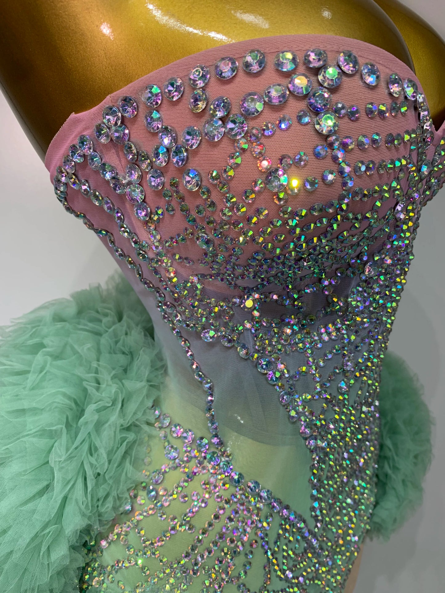 Women Sexy Strapless Backless Green Diamonds Mesh Dress Birthday Party Costume Bar Nightclub Singer Stage Performance Outfit