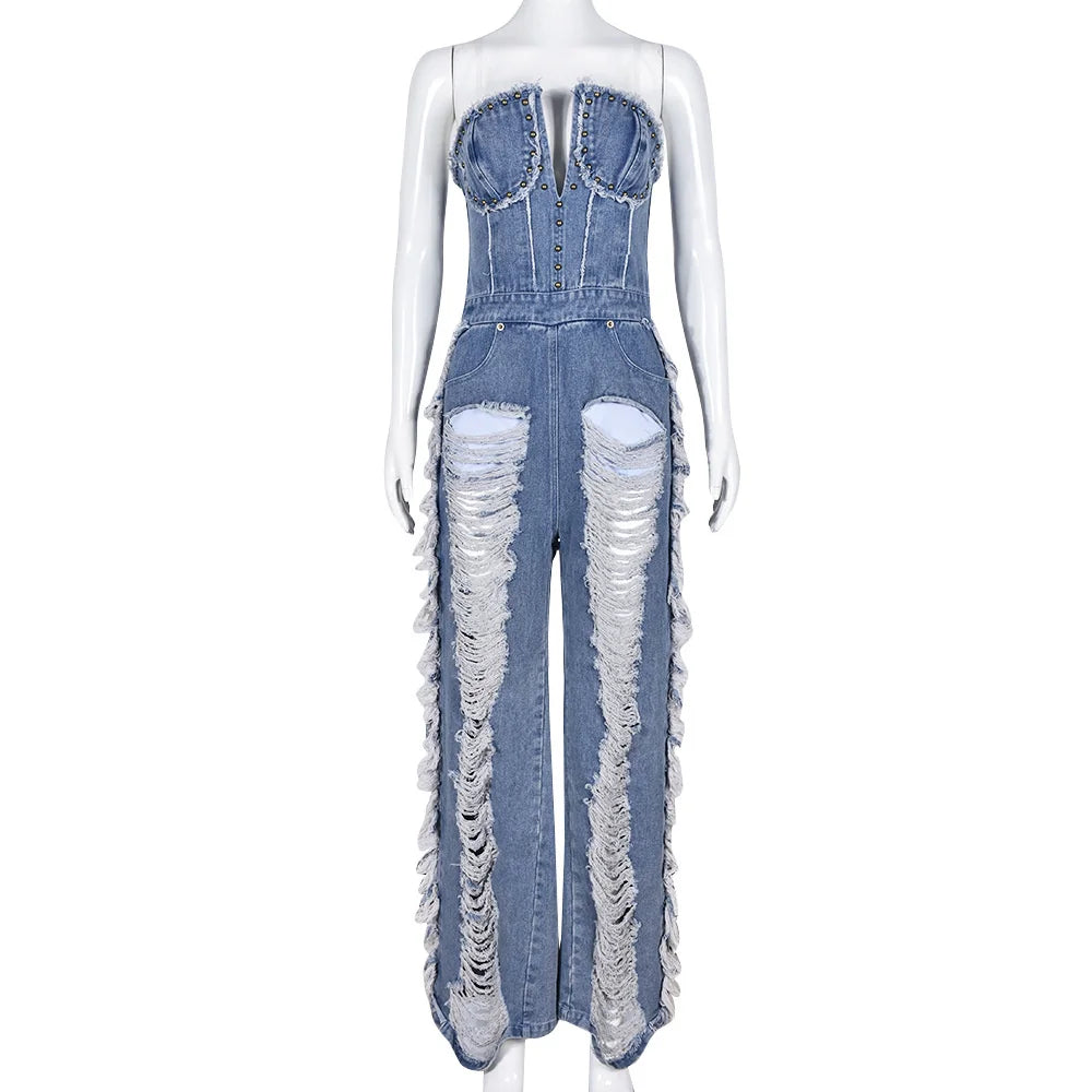 Sibybo Quaste Hollow Out Overalls für Damen Nieten Strass Trägerlos Rückenfrei Jeans Street Fashion Trend Jumpsuit Femme